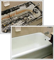 Messy tub after liner was removed. Miracle Method refinished this tub to look like new